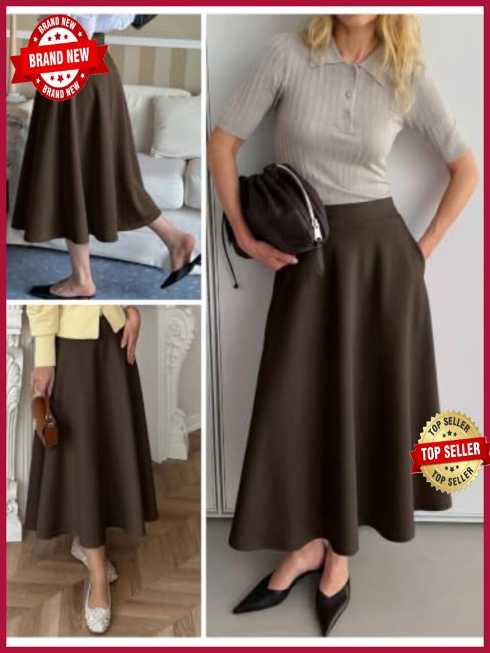 A-Line Elastic High Waist Midi Skirt with Pockets, Wrinkle Free Long Skirt, - Picture 5 of 6